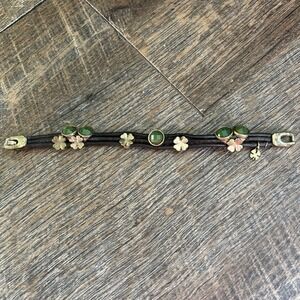 Lucky Brand Green Stone Four Leaf Clover Leather Multi Strand Bracelet Gold Tone